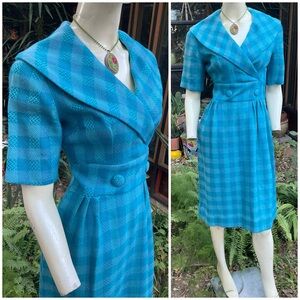 Vintage 1950’s Wool Gingham Lucille Ball Marilyn Trad Wife Dress Size Small